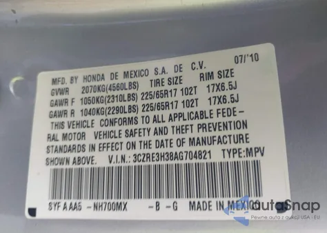 2010 Honda Cr-V Lx from USA, damaged, VIN 3CZRE3H38AG704821